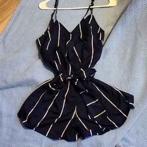 Shein navy blue and white stripped romper